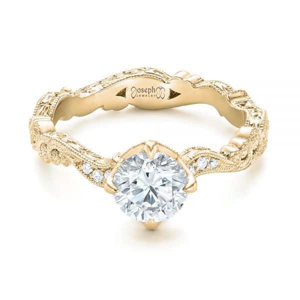 18k Yellow Gold 18k Yellow Gold Custom Diamond And Hand Engraved Engagement Ring - Flat View -  102736