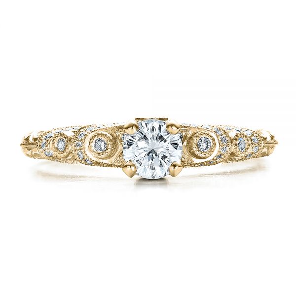 14k Yellow Gold 14k Yellow Gold Custom Diamond And Hand Engraved Engagement Ring - Top View - 100054