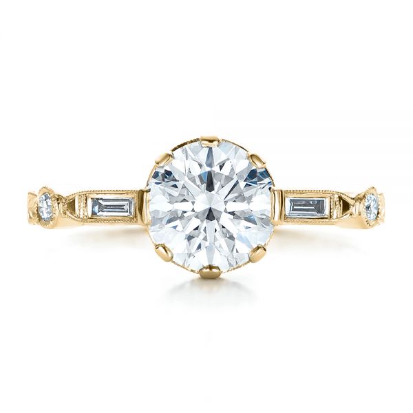 18k Yellow Gold 18k Yellow Gold Custom Diamond And Hand Engraved Engagement Ring - Top View - 100852