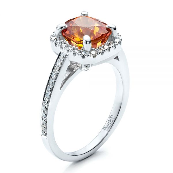  Platinum Custom Diamond And Orange Sapphire Engagement Ring - Three-Quarter View -  1452