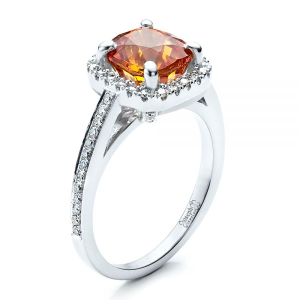 Platinum Custom Diamond And Orange Sapphire Engagement Ring - Three-Quarter View - 1452