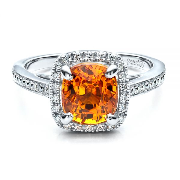 14k White Gold 14k White Gold Custom Diamond And Orange Sapphire Engagement Ring - Flat View -  1452