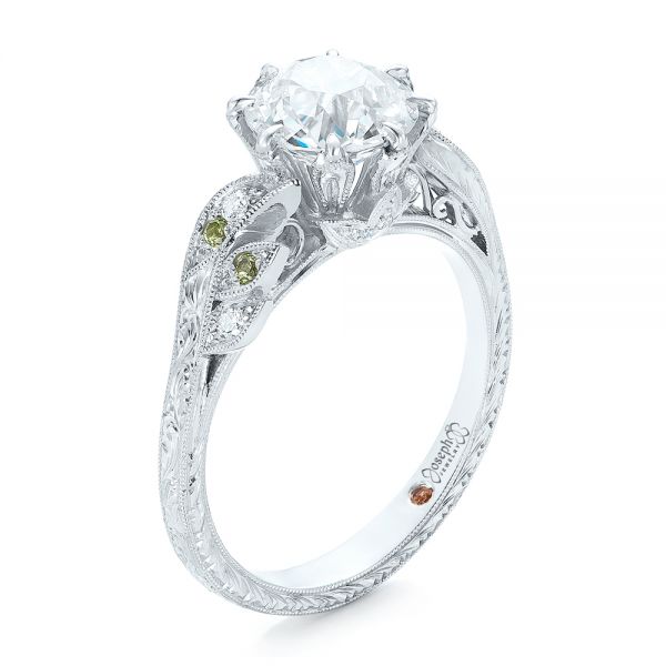  Platinum Custom Diamond And Peridot Engagement Ring - Three-Quarter View -  102137
