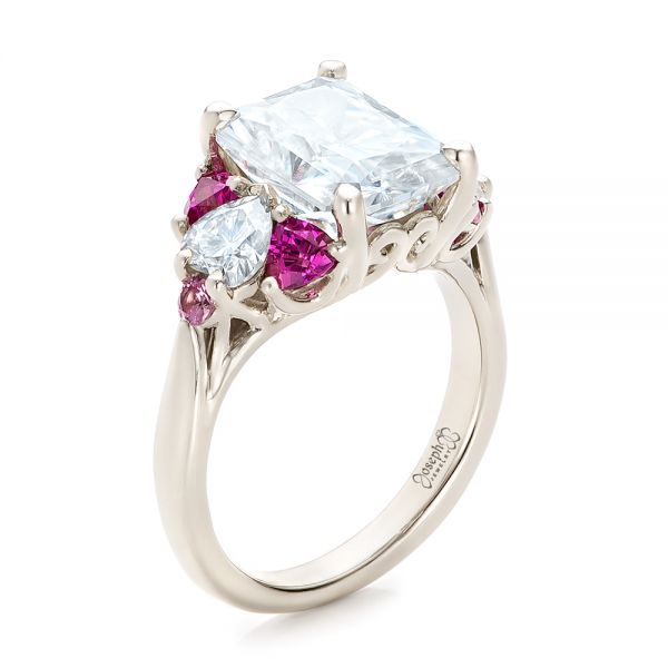 14k White Gold Custom Diamond And Pink Sapphire Engagement Ring - Three-Quarter View -  101748