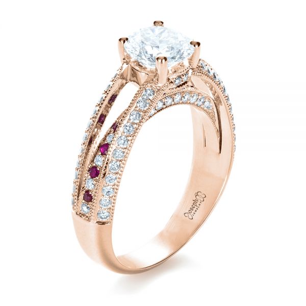 18k Rose Gold 18k Rose Gold Custom Diamond And Ruby Engagement Ring - Three-Quarter View -  1309