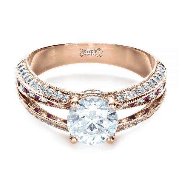 14k Rose Gold 14k Rose Gold Custom Diamond And Ruby Engagement Ring - Flat View -  1309