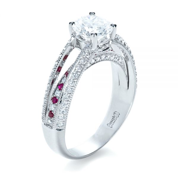 18k White Gold Custom Diamond And Ruby Engagement Ring - Three-Quarter View -  1309