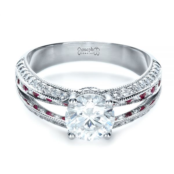 14k White Gold 14k White Gold Custom Diamond And Ruby Engagement Ring - Flat View -  1309
