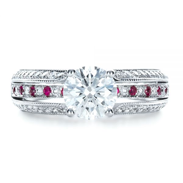 18k White Gold Custom Diamond And Ruby Engagement Ring - Top View -  1309