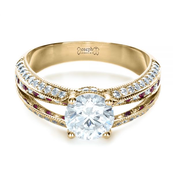 18k Yellow Gold 18k Yellow Gold Custom Diamond And Ruby Engagement Ring - Flat View -  1309