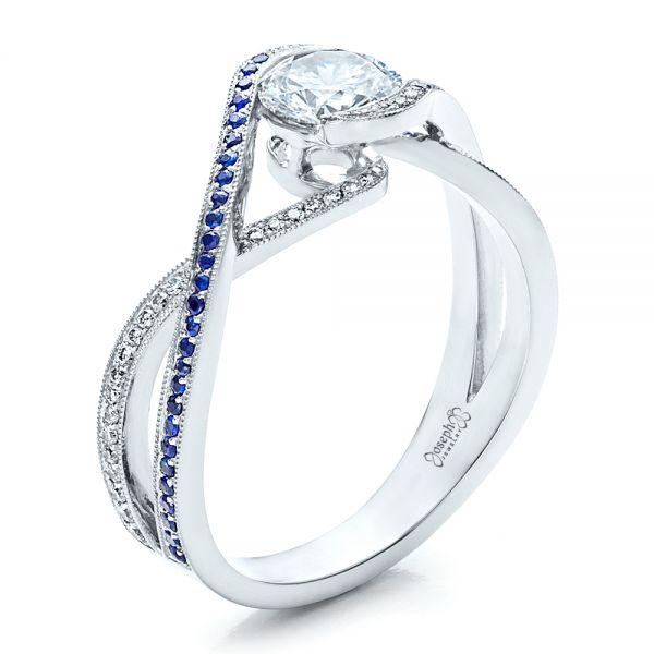 18k White Gold 18k White Gold Custom Diamond And Sapphire Engagement Ring - Three-Quarter View -  1475