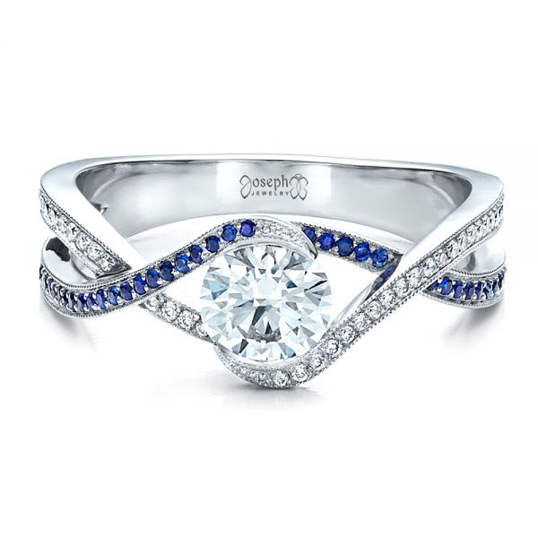 18k White Gold 18k White Gold Custom Diamond And Sapphire Engagement Ring - Flat View -  1475