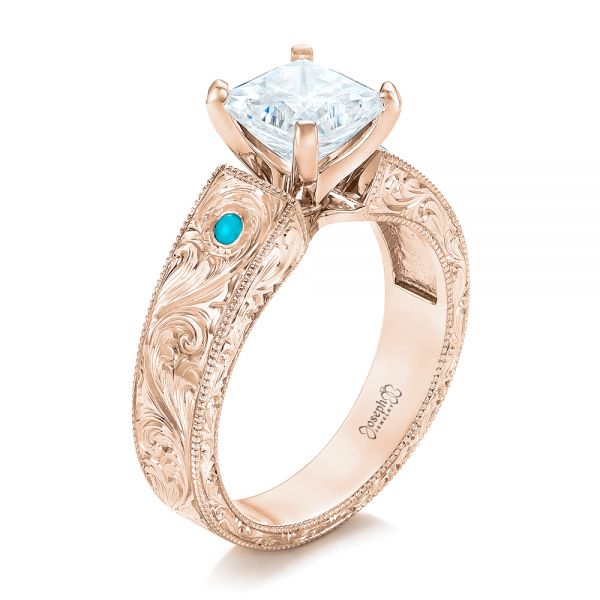 18k Rose Gold 18k Rose Gold Custom Diamond And Turquoise Engagement Ring - Three-Quarter View -  102366