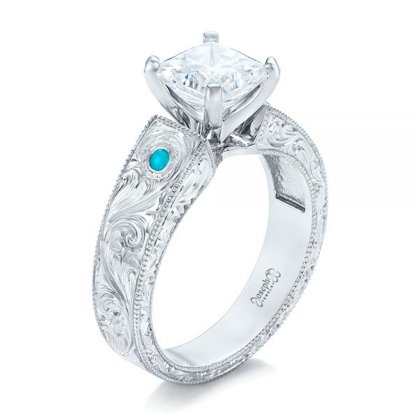 18k White Gold 18k White Gold Custom Diamond And Turquoise Engagement Ring - Three-Quarter View -  102366
