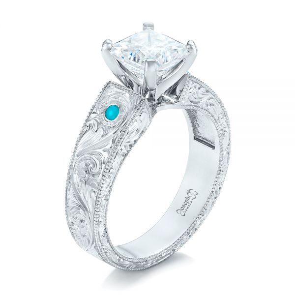 14k White Gold 14k White Gold Custom Diamond And Turquoise Engagement Ring - Three-Quarter View -  102366