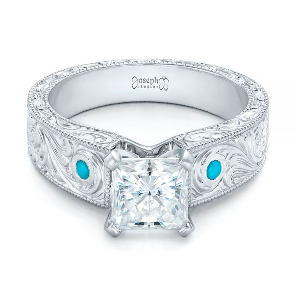 18k White Gold 18k White Gold Custom Diamond And Turquoise Engagement Ring - Flat View -  102366