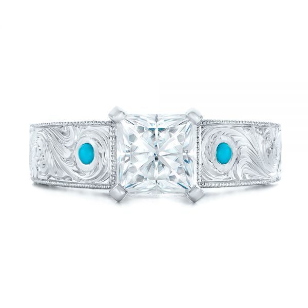 18k White Gold 18k White Gold Custom Diamond And Turquoise Engagement Ring - Top View -  102366