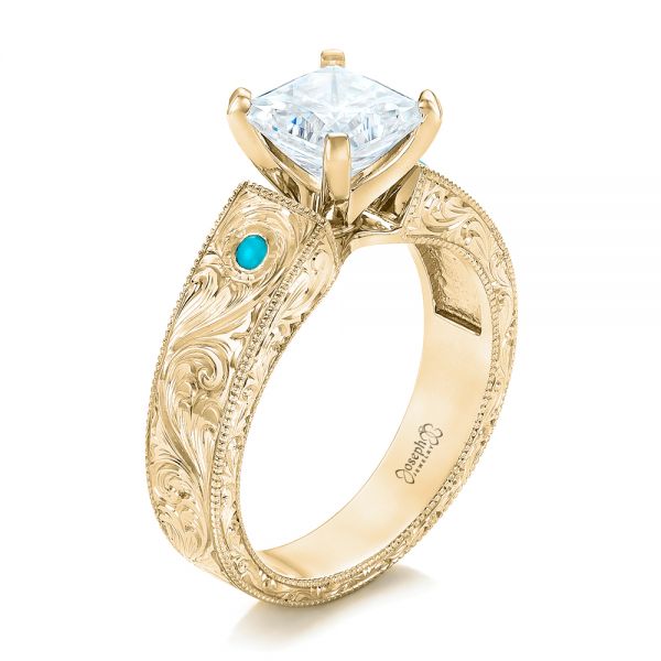 18k Yellow Gold 18k Yellow Gold Custom Diamond And Turquoise Engagement Ring - Three-Quarter View -  102366