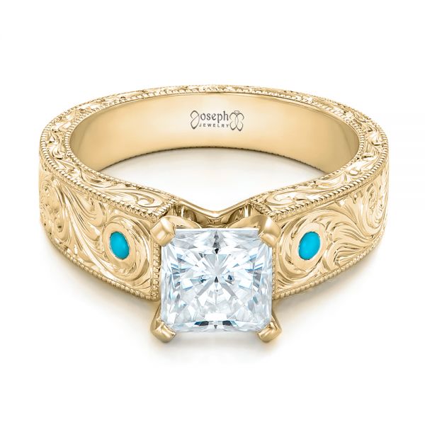 14k Yellow Gold 14k Yellow Gold Custom Diamond And Turquoise Engagement Ring - Flat View -  102366