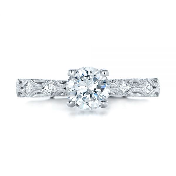 14k White Gold Custom Diamond In Filigree Engagement Ring - Top View -  102077