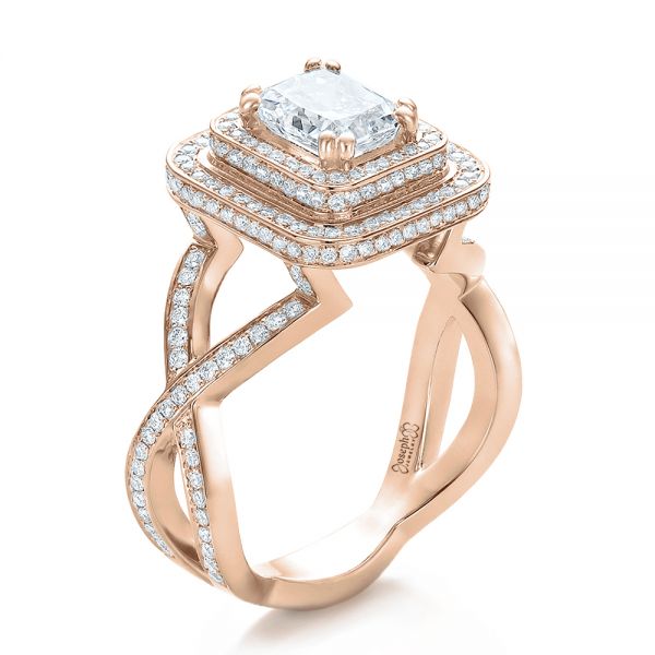 18k Rose Gold 18k Rose Gold Custom Double Halo Diamond Engagement Ring - Three-Quarter View -  100598