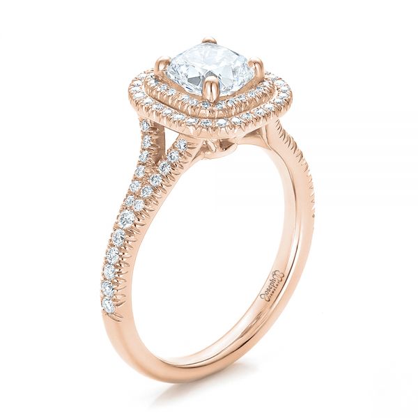 18k Rose Gold 18k Rose Gold Custom Double Halo Diamond Engagement Ring - Three-Quarter View -  100613