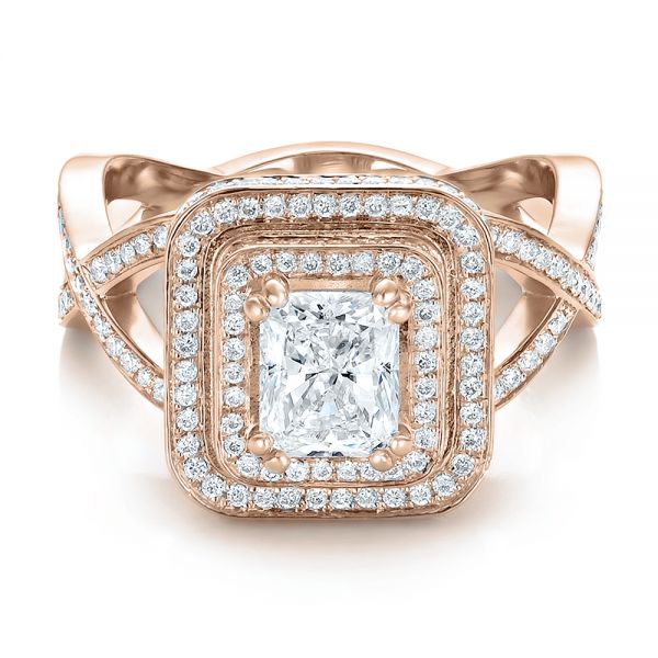 18k Rose Gold 18k Rose Gold Custom Double Halo Diamond Engagement Ring - Flat View -  100598