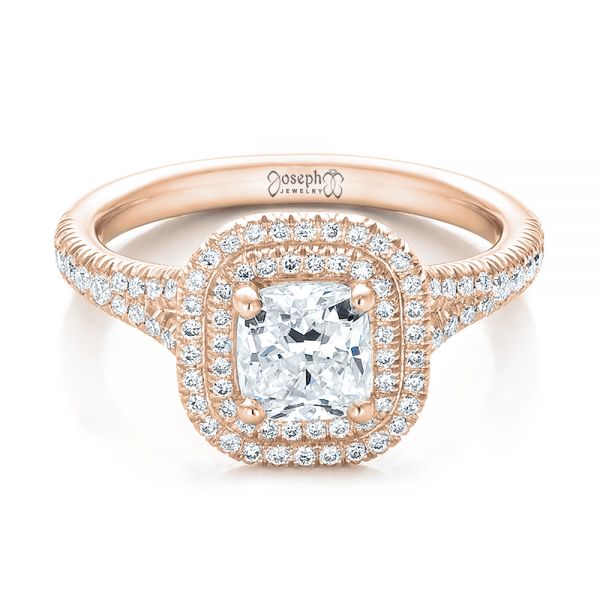 14k Rose Gold 14k Rose Gold Custom Double Halo Diamond Engagement Ring - Flat View - 100613