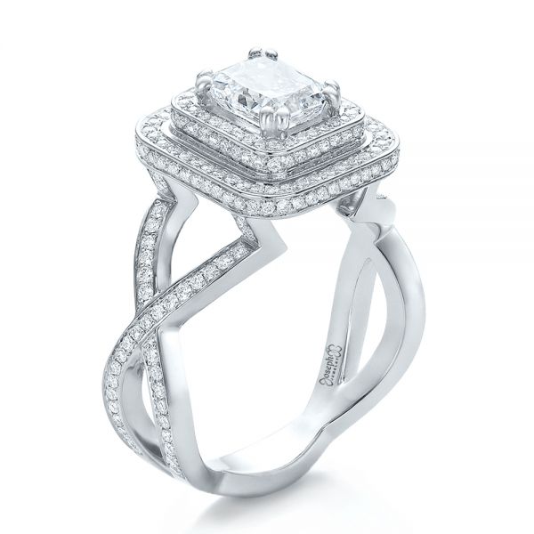 18k White Gold Custom Double Halo Diamond Engagement Ring - Three-Quarter View -  100598