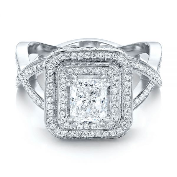 18k White Gold Custom Double Halo Diamond Engagement Ring - Flat View -  100598