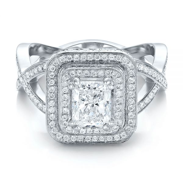 18k White Gold Custom Double Halo Diamond Engagement Ring - Flat View - 100598
