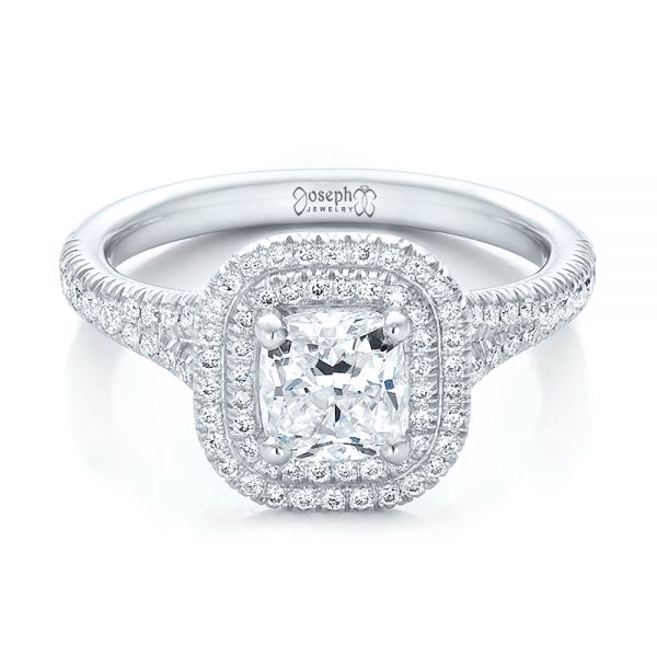  Platinum Custom Double Halo Diamond Engagement Ring - Flat View -  100613