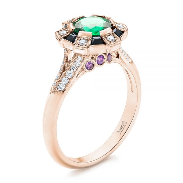 18k Rose Gold 18k Rose Gold Custom Emerald Black And White Diamond Engagement Ring - Three-Quarter View -  103208