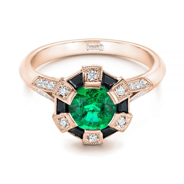 18k Rose Gold 18k Rose Gold Custom Emerald Black And White Diamond Engagement Ring - Flat View -  103208