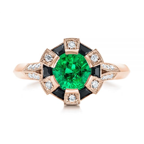 18k Rose Gold 18k Rose Gold Custom Emerald Black And White Diamond Engagement Ring - Top View -  103208