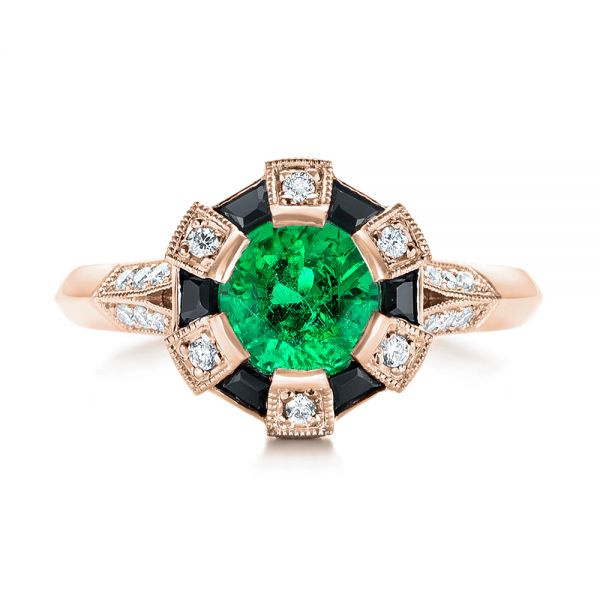 18k Rose Gold 18k Rose Gold Custom Emerald Black And White Diamond Engagement Ring - Top View - 103208