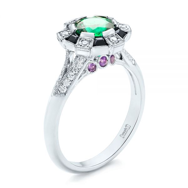 14k White Gold Custom Emerald Black And White Diamond Engagement Ring - Three-Quarter View -  103208