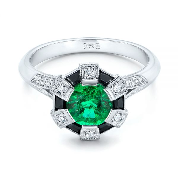 18k White Gold 18k White Gold Custom Emerald Black And White Diamond Engagement Ring - Flat View -  103208