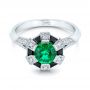 14k White Gold Custom Emerald Black And White Diamond Engagement Ring - Flat View -  103208 - Thumbnail