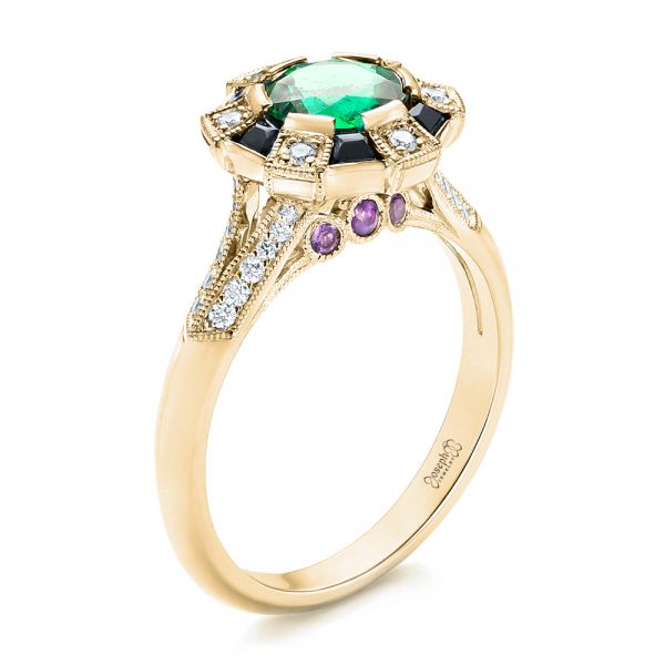 18k Yellow Gold 18k Yellow Gold Custom Emerald Black And White Diamond Engagement Ring - Three-Quarter View -  103208