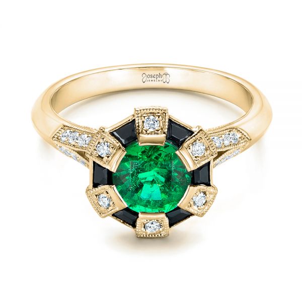 14k Yellow Gold 14k Yellow Gold Custom Emerald Black And White Diamond Engagement Ring - Flat View -  103208