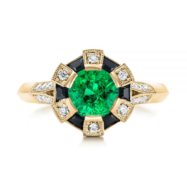 14k Yellow Gold 14k Yellow Gold Custom Emerald Black And White Diamond Engagement Ring - Top View - 103208
