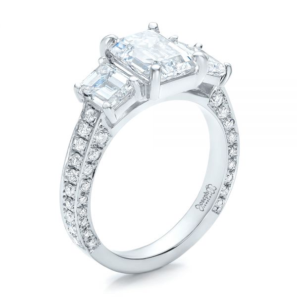  Platinum Custom Emerald Cut Diamond Engagement Ring - Three-Quarter View -  100723