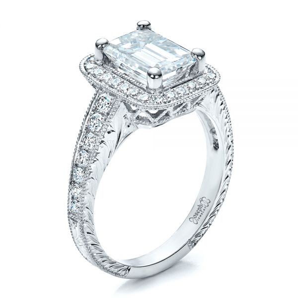 18k White Gold Custom Emerald Cut Diamond Engagement Ring - Three-Quarter View -  1478