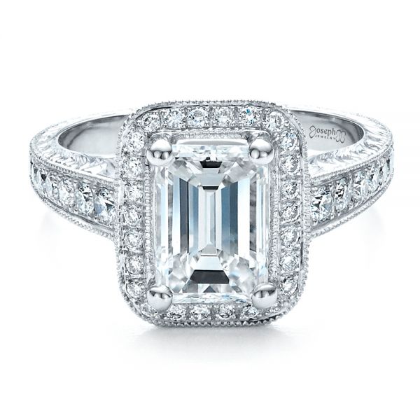 18k White Gold Custom Emerald Cut Diamond Engagement Ring - Flat View -  1478