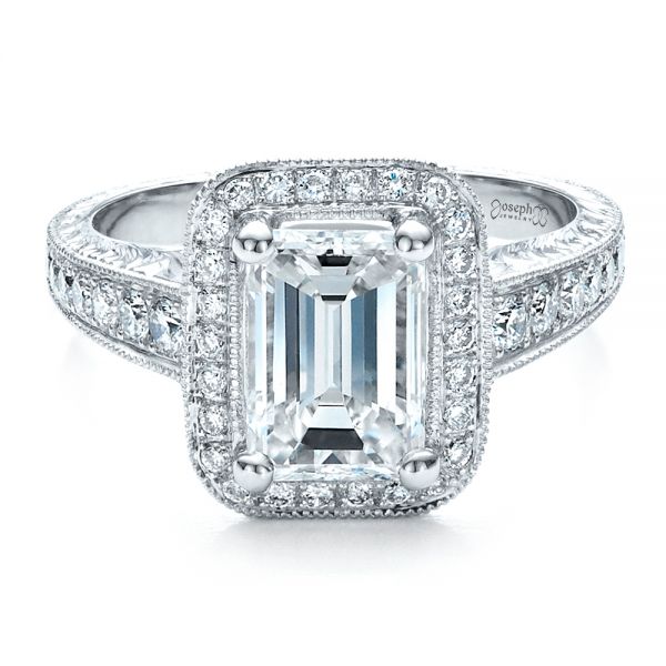 18k White Gold Custom Emerald Cut Diamond Engagement Ring - Flat View - 1478