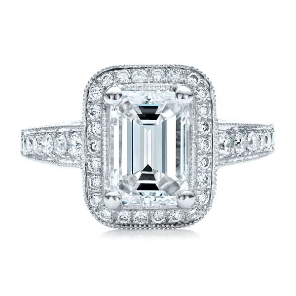 18k White Gold Custom Emerald Cut Diamond Engagement Ring - Top View -  1478