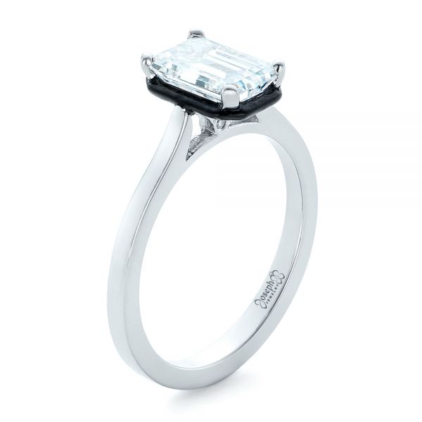 18k White Gold 18k White Gold Custom Emerald Cut Diamond And Black Ceramic Engagement Ring - Three-Quarter View -  102308