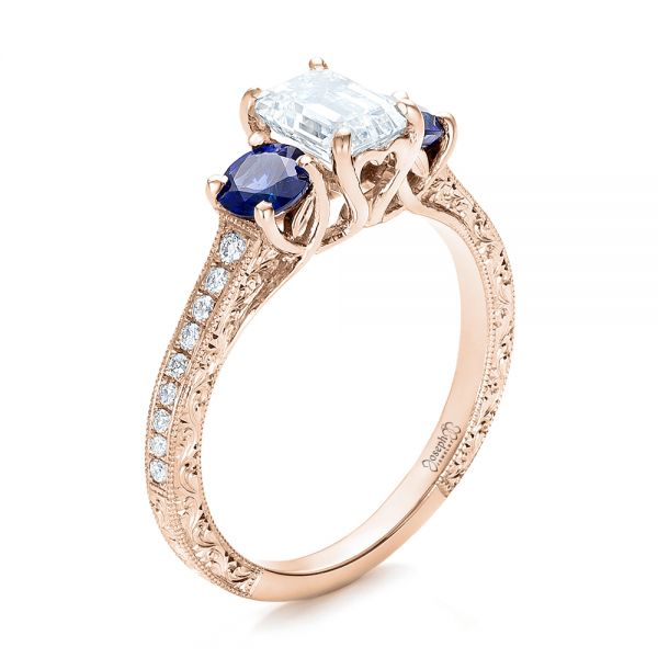 18k Rose Gold 18k Rose Gold Custom Emerald Cut Diamond And Blue Sapphire Engagement Ring - Three-Quarter View - 101242