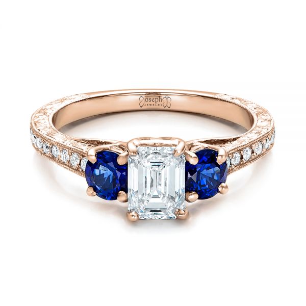 18k Rose Gold 18k Rose Gold Custom Emerald Cut Diamond And Blue Sapphire Engagement Ring - Flat View -  101242